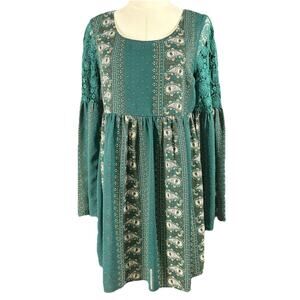 Tip Top Paisley Peasant Green Boho Babydoll Dress Long Lace Bell Sleeves Fairy S